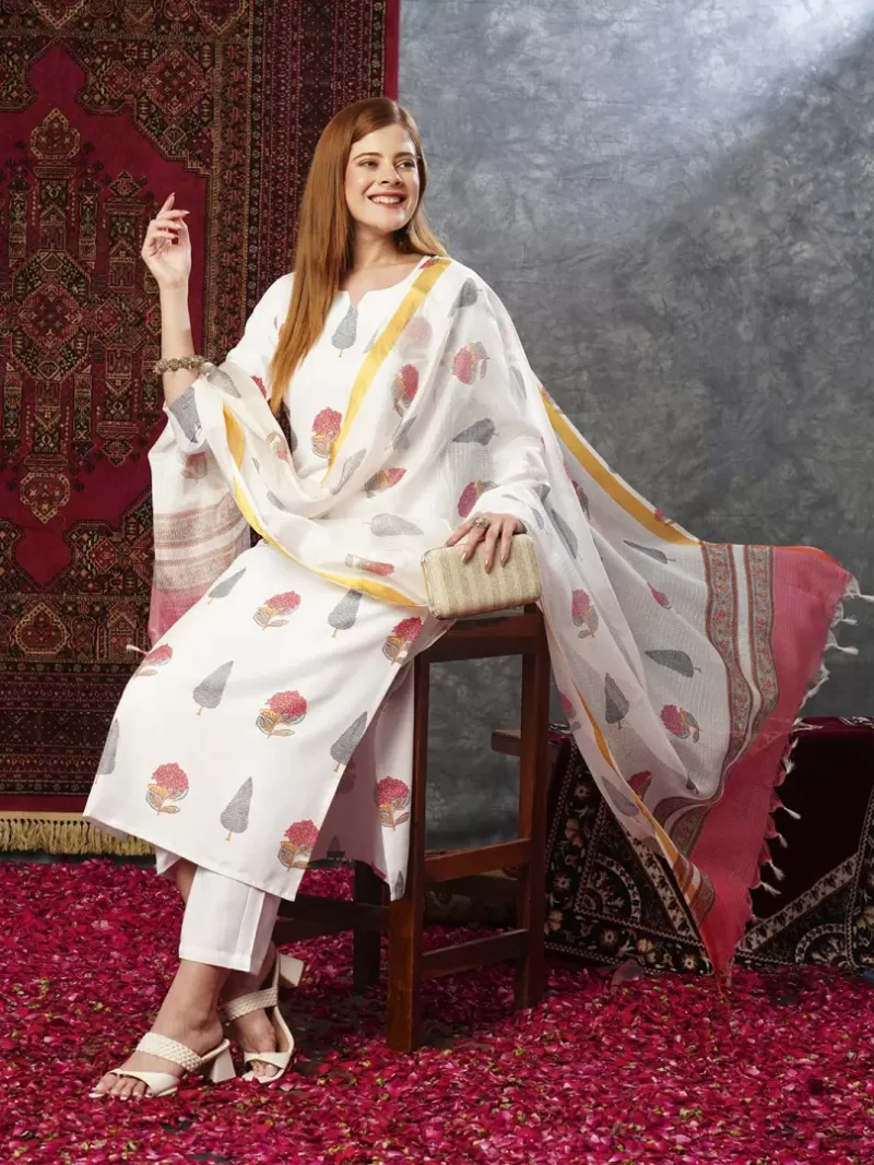 Women Cotton Blend Kurta Pant Attached Dupatta Set