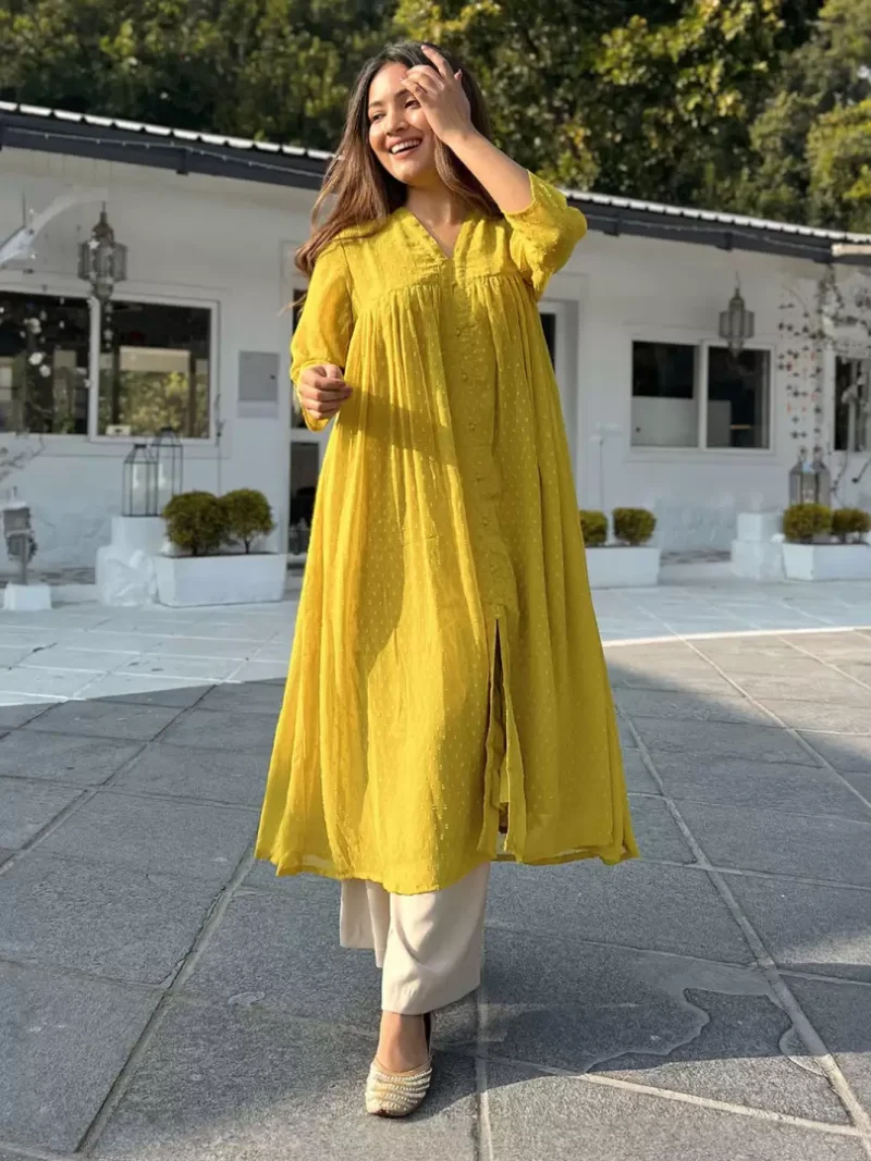 Women Woven Design Chiffon Frontslit Kurta  (Yellow)