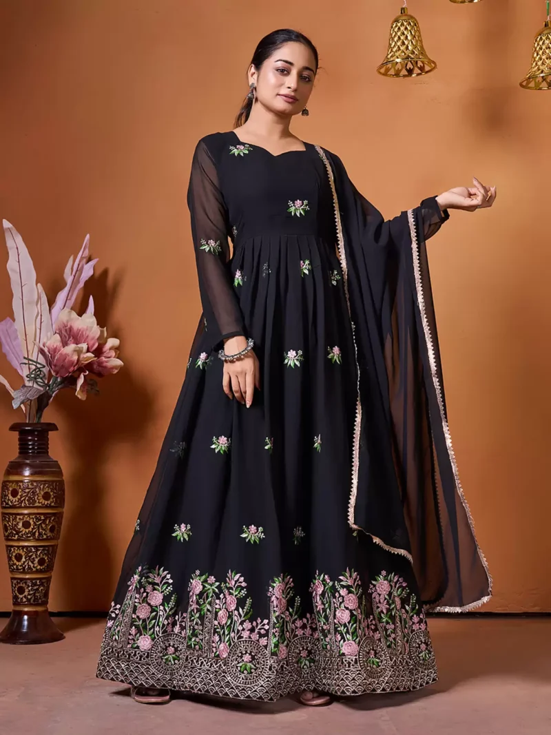 Embroidered Georgette Stitched Anarkali Gown  (Black)